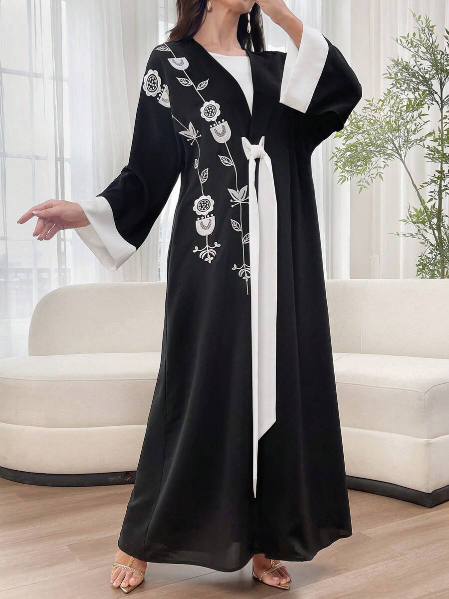 Al Najma Women's Printed Simple Everyday Abaya, Floral Embroidery Black Open Abaya - Black and White - View 1