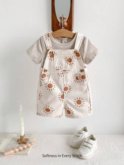 Cozy Pixies Conjunto de 2 piezas para bebé niño con camiseta de manga corta de cuello redondo tejida en unicolor y Overol suave con estampado solar