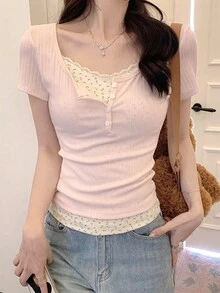 Áo thun nữ mùa hè màu trơn, cài cúc nửa thân, tay ngắn, kiểu dáng thường ngày, màu hồng. - Hồng - Xem 5