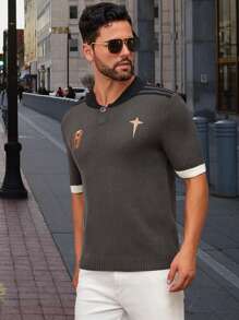 Manfinity Homme Men Casual Colorblock Short Sleeve Knit Shirt With Embroidered Letters For Spring And Summer - Multicolor - View 3