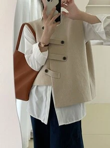 Rikumo Women's Spring Autumn Asymmetrical Buttoned Simple Knitted Sweater Vest Winter - Apricot - View 2