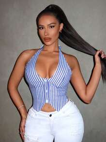 SHEIN SXY 海军蓝条纹纽扣不对称下摆露背吊带短款上衣，适合假日、性感、夏季海滩度假、波西米亚风、女性骄傲、西部风格、生日、单身派对、音乐会、俱乐部、毕业派对等场合。 - 藍色 - 查看 1