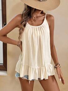 SHEIN LUNE 亚麻皱褶面料荷叶边下摆细肩带无袖吊带背心，A 字形 - 杏色 - 查看 6