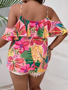 SHEIN VCAY Plus Size Tropical Printed Off Shoulder Ruffled Cami Top, Vacation & Casual - Multicolor - View 2