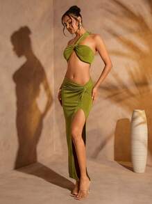 Hauture Women's Summer Solid Color Asymmetrical Neckline Cropped Top And Skirt Set - Olive Green - View 6