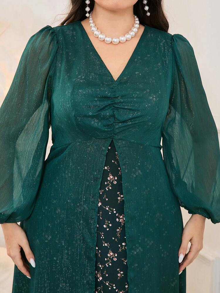 Plus Size Patchwork Small Floral Print V-Neck Dress With Bust Ruffle And Lantern Sleeves,Elegant Evening Party Dress Long Evening Dresses