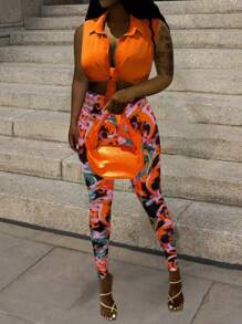 Slaydiva juego de dos piezas para mujeres 'top naranja sin mangas con cuello solapa y pantalones florales coloridos ajustados con correas para vacaciones casuales de verano -F