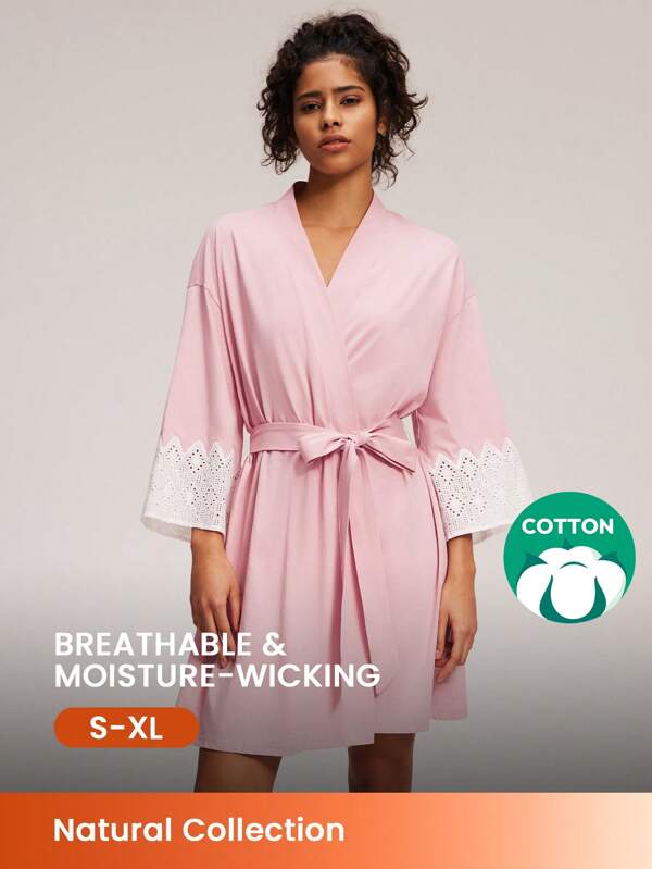 LUVLETTE Robe de femeie sexy din bumbac moale roz, cu dantelă, pijamale roz pentru femeie, rochie de noapte, halat de baie, lenjerie