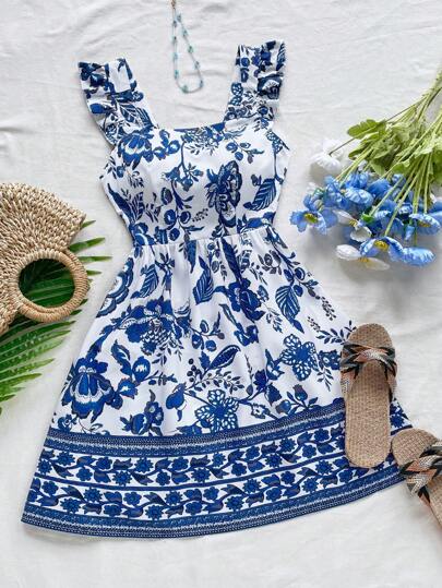 Soleia 休闲度假风格蝴蝶袖露背系带印花蓝白花卉印花女式连衣裙