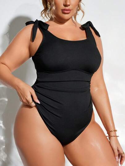 Swim Lushoire Plus Size Women's Solid Color Casual One-Piece Swimsuit With Shoulder Knot For Vacation Summer