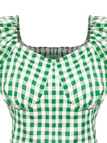 Summer Teen Girls' Vintage Sweet Puff Sleeve Fresh Gingham Top With Cake Patchwork Designed Skirt Set, Perfect For Vacation Party And Daily Commute - Green - View 4