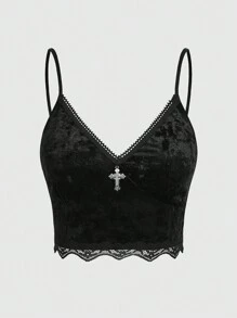 ROMWE Hippie 女士絲絨貼身背心，印有月亮和星星圖案 - 黑色 - 查看 1