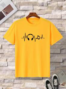 Manfinity Dauomo Men's Summer Earphone Printed Round Neck Short Sleeve Casual T-Shirt - Yellow - View 3