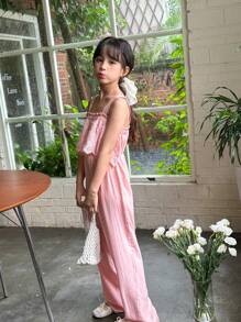 SHEIN Tween Girls' Embroidered Cami Jumpsuit With Ruffle Hem - Pink - View 4