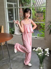 SHEIN Tween Girls' Embroidered Cami Jumpsuit With Ruffle Hem - Pink - View 6