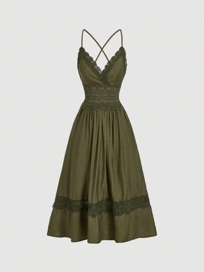 SHEIN MOD White Vintage Lace Trim Spaghetti Strap Women's Dress,Long Summer Dress,Crochet Dress,White Flowy Dress