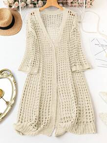 SHEIN Holidaya 大码女式镂空开衫 - 杏色 - 查看 1