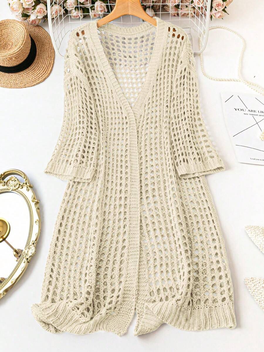 SHEIN Holidaya 大码女式镂空开衫 - 杏色 - 查看 1