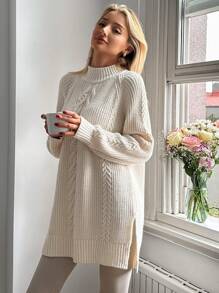 EURMUSE Cable Pattern Mini Sweater Dress - Beige - View 6
