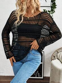 SHEIN LUNE Pull casual transparent décontracté à manches longues et col rond de couleur unie - Noir - Voir 6