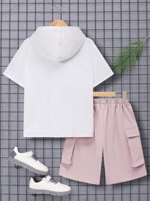 SHEIN Tween Boy Loose Fit Casual Hooded 2 In 1 T-Shirt And Shorts Set - Pink - View 2
