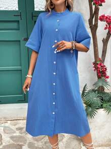 SHEIN LUNE Lässiges einfarbiges A-Linienkleid mit Stehkragen und Knopfleiste vorne