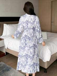 DAZY Botanische Liniengrafik Allover-Muster Kontrastfarbiger Gürtel Design Hemdkragen Schlafanzug - Weiss - Übersicht 2