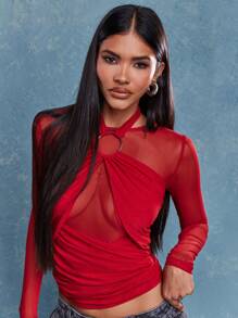 MISSGUIDED 吊带网纱褶皱长袖上衣 圣诞节 - 紅色 - 查看 3