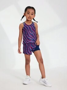 SHEIN 2pcs Young Girl Colorful Print Yoga Fitness Running Cycling Breathable Elastic Comfortable Skin-Friendly Fitted Sleeveless Top And Shorts Set