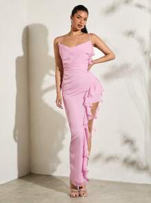 SHEIN BAE Summer Sexy Pink Sweetheart Neckline High Slit Ruffle Trim Side Decorated Fitted Pleated Backless Cami Dress For Women - Pink - View 2