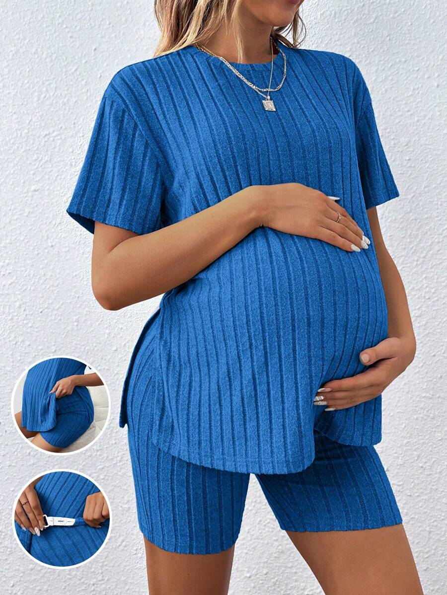 SHEIN Women's Casual Loose Round Neck T-Shirt With Adjustable Elastic Waist Shorts, Maternity 2pcs Set - Royal Blue - View 1