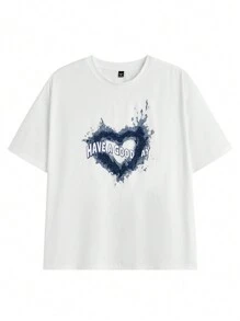 Manfinity VCAY 男士加大码休闲宽松爱心图案印花宽肩带短袖牛仔T恤，适合夏季日常穿着 - 白色 - 查看 1