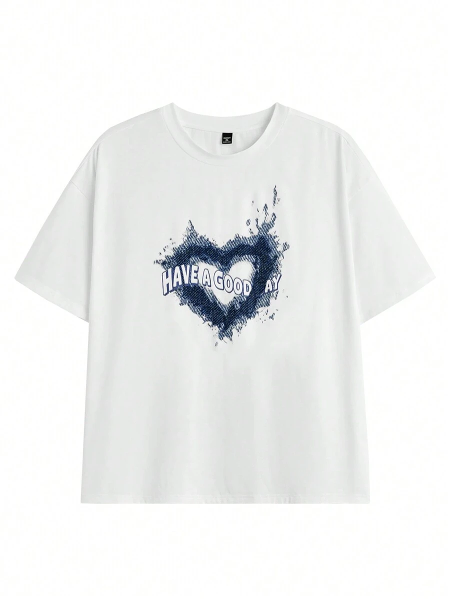Manfinity VCAY 男士加大码休闲宽松爱心图案印花宽肩带短袖牛仔T恤，适合夏季日常穿着 - 白色 - 查看 1