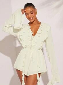 L'Amorae Ruffle Draped Flounce Sleeve Romper - White - View 6