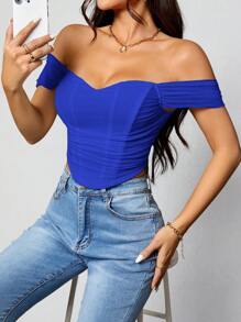 SHEIN PETITE 女士純色簡約時尚露肩上衣，日常穿搭必備 - 寶藍色 - 查看 5