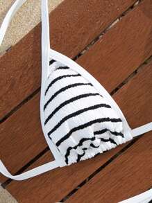 Swim Mod Women's Elegant White Black Zebra Stripe Textured Halter Triangle Bikini Set, 2026 Animal Print Figure-Flattering High Cut Cheeky Two Pieces Swimwear With Self-Tie Straps, Multi-Color Polka Dot Print, Casual Ruched Texture Zebra Print Bikini For Summer Vacation Resort Wear, Holiday Outfits Pool Party White Black Striped Beachwear For Women - Black and White - View 4