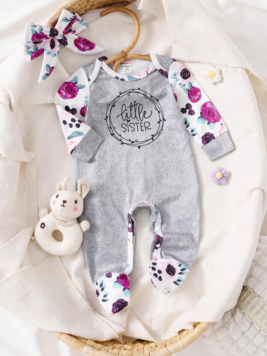 嬰兒女童印花簡約日常頭箍睡衣連體褲 - 灰色 - 查看 1
