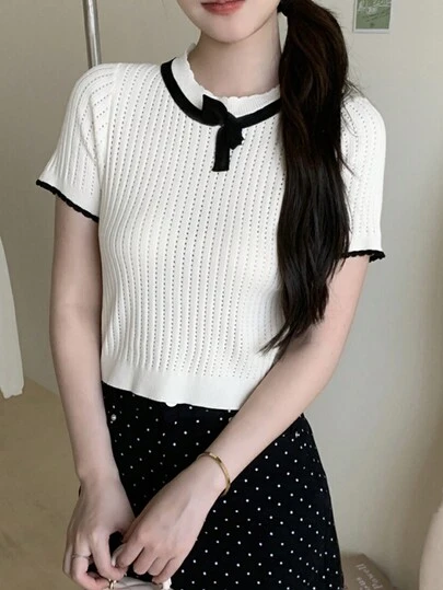 女士休闲百搭简约撞色滚边针织上衣