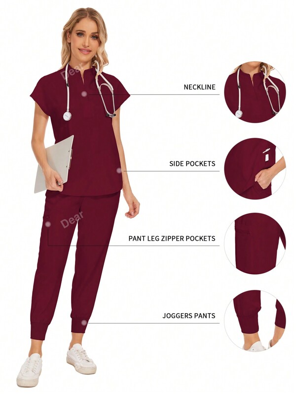 Wholesale Fashion Scrub Suits Dental Hospital Uniform Set Solid Color Surgical Gown Pocket V-Neck Scrubs Sets For Women Joggers Pants Suit