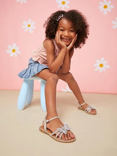 Mini mi Super süße Schmetterling Strass verzierte flache Sandalen für Mädchen - glitzernd, vielseitig, strukturiert, bequem für den täglichen Gebrauch