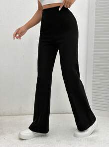 SHEIN PETITE Pantalon confortable noir à grande élasticité et évasé