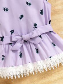 SHEIN Tween Girls' Simple Printed Shirt With Bow Decoration - Purple - View 5