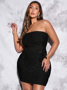 SHEIN BAE Women's Asymmetrical Texture Strapless Two-Piece Set With Drawstring For Summer - Black - View 3