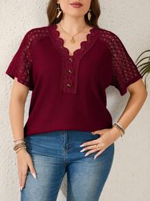 Rosumi 大码女式夏季纯色撞色蕾丝短袖优雅 T 恤