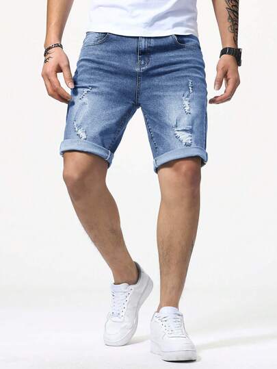 Manfinity Homme Men Ripped Frayed Bleach Wash Denim Shorts Jorts