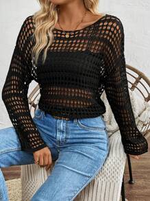 SHEIN LUNE Pull casual transparent décontracté à manches longues et col rond de couleur unie - Noir - Voir 5