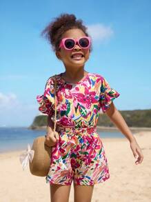 SHEIN Conjunto de top holgado con volantes y hombros descubiertos y pantalones cortos estampados de vacaciones para niñas jóvenes