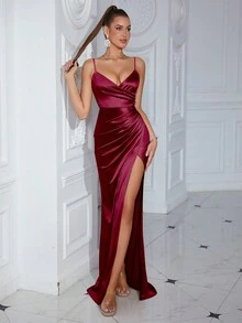 ADYCE Vestido de cóctel de satén ajustado con cuello en V elegante sin mangas, con diseño de volantes, abertura lateral y espalda descubierta, adecuado para invitados de boda, ocasiones formales, galas y talla grande - Burdeos - Ver 8
