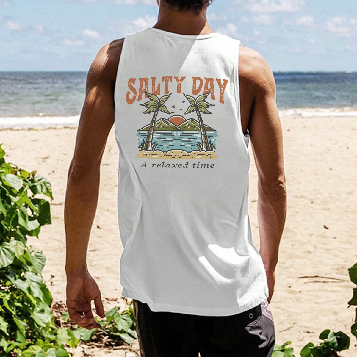 Camiseta de tirantes informal de cuello redondo con estampado de letras de palmeras, ligera para el verano, para hombre