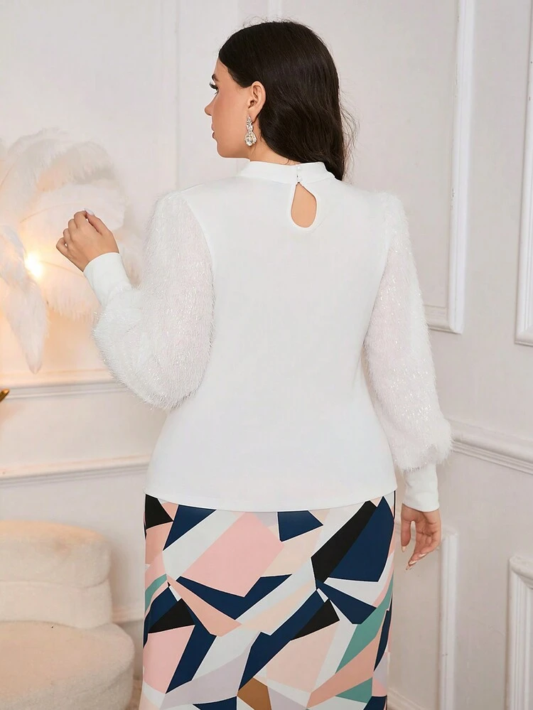Plus Size Women's Puff Sleeve Patchwork Fabric T-Shirt